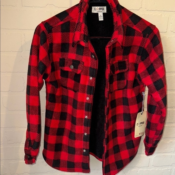 Shacket boys 10 12 NEW Copper Red Black buffalo plaid pocket snap close Jacket - Picture 1 of 5